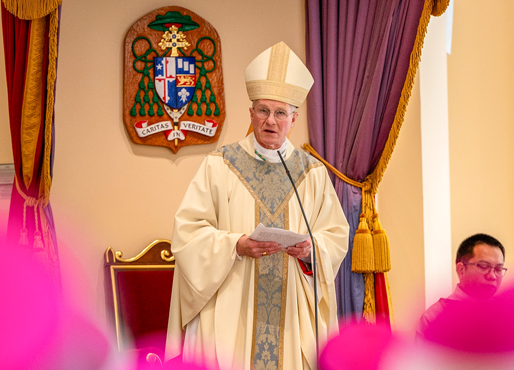 Archbishop Timothy Broglio, president of the U.S. Conference of Catholic Bishops, offers his homily to fellow bishops attending the opening Mass of the bishops' fall plenary assembly Nov. 11, 2024, at the Basilica of the National Shrine of the Assumption of the Blessed Virgin Mary in Baltimore. (OSV News/Catholic Review/Kevin J. Parks)