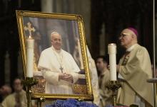 A portrait of Pope Francis is seen in the sanctuary of St. Patrick's Cathedral in New York City during a memorial Mass for the late pontiff April 22, 2025. Francis, formerly Argentine Cardinal Jorge Mario Bergoglio, died April 21 at age 88. (OSV News/Gregory A. Shemitz)
