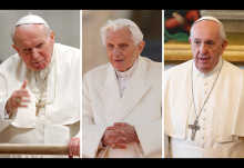 Pope John Paul II, left, Pope Benedict XVI and Pope Francis are seen in this composite photo. (CNS composite/Photos by Max Rossi, Catholic Press Photo; Paul Haring; Paul Haring)